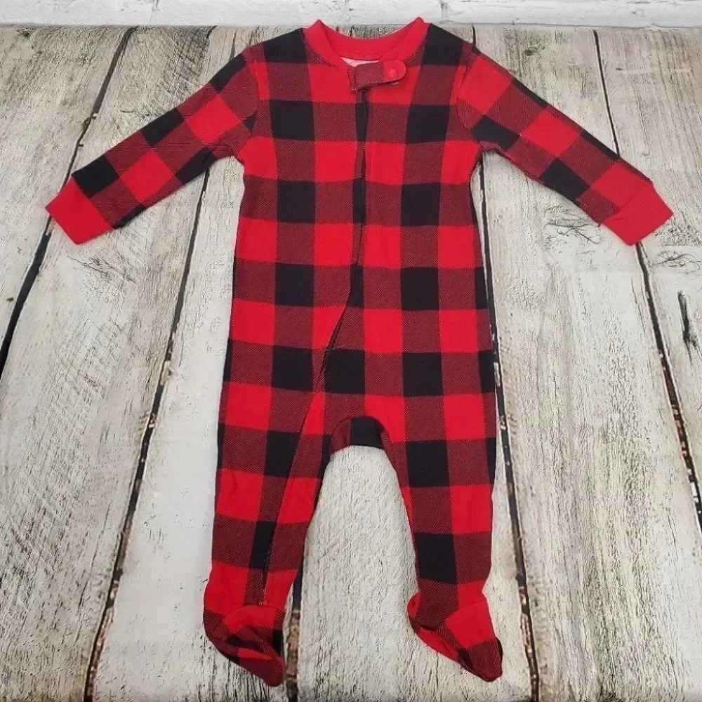 3-6 Month Baby Infant Red Buffalo Plaid Footed Onesie Christmas Holiday Winter